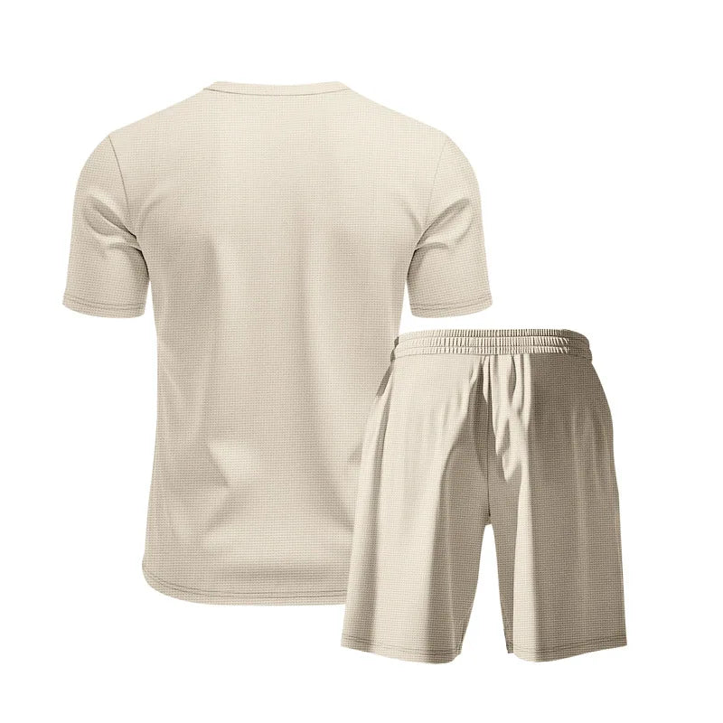 Riolio 2025 Summer Simplicity Men's Suit Loose Walf Checks Fabric Breathable Comfort and Casual Short Sleeve Shorts Two-Piece Suit