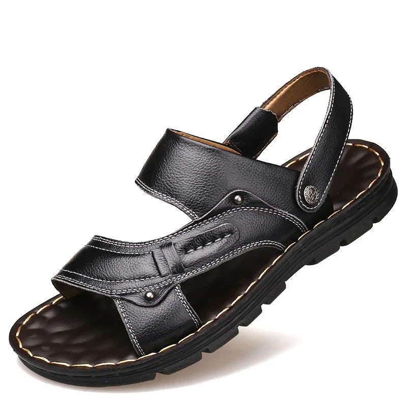 Riolio Men's Summer New Sandals and Slippers Men's Leather Sandals Adult Thick-soled Beach Shoes Non-slip Open-toe Leather Sandals