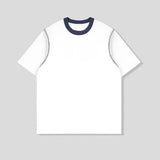 Riolio Men Cotton Tshirt Round Neck Contrast Collar Loose Fit Streetwear Summer Tee Shirt Breathable Soft Casual Comfort Mens Clothing