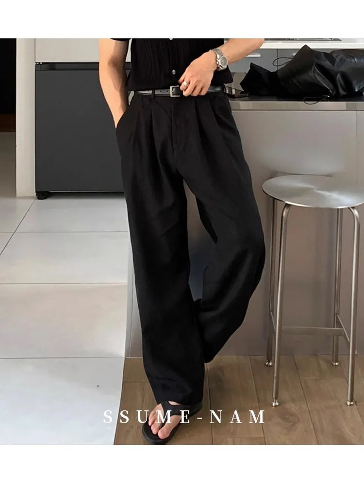 Riolio New Japanese Retro Men Casual Pants Luxury Draped Wide Leg Leisure Solid Color Straight Trousers High Quality Elegant Sweatpants