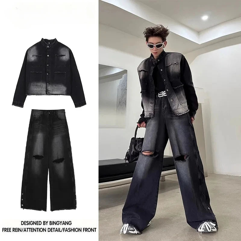 Riolio Autumn Denim Set Men Denim Jacket +Wide Leg Straight Jeans Casual Loose Solid Color Korean Style Street Stand Collar 2pcs Suit
