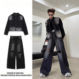 Riolio Autumn Denim Set Men Denim Jacket +Wide Leg Straight Jeans Casual Loose Solid Color Korean Style Street Stand Collar 2pcs Suit