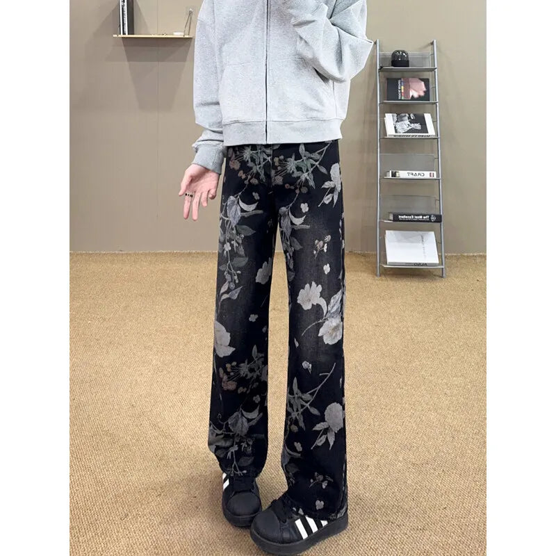 Riolio Flower Jeans Men Fashion Retro Printed Jeans Men Streetwear Hip-hop Loose Straight Jeans Men Baggy Vintage Denim Trousers