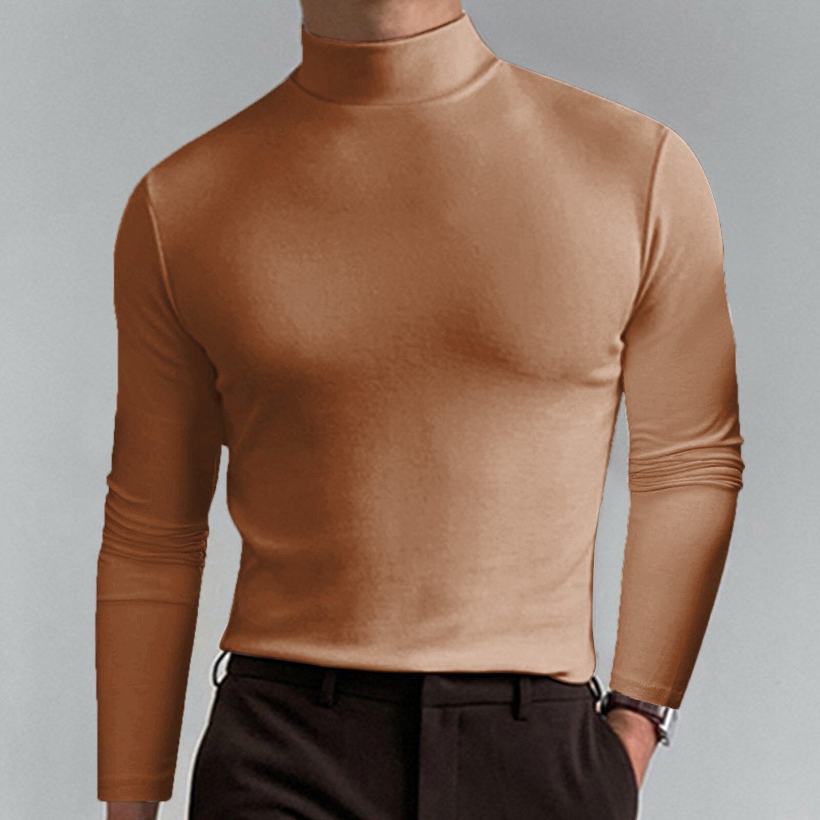 Riolio Turtleneck For Men Solid Colour Slim Elastic Thin Pullover Men Spring Autumn Turtleneck Men Knitting Basic Long Sleeve T-shirt