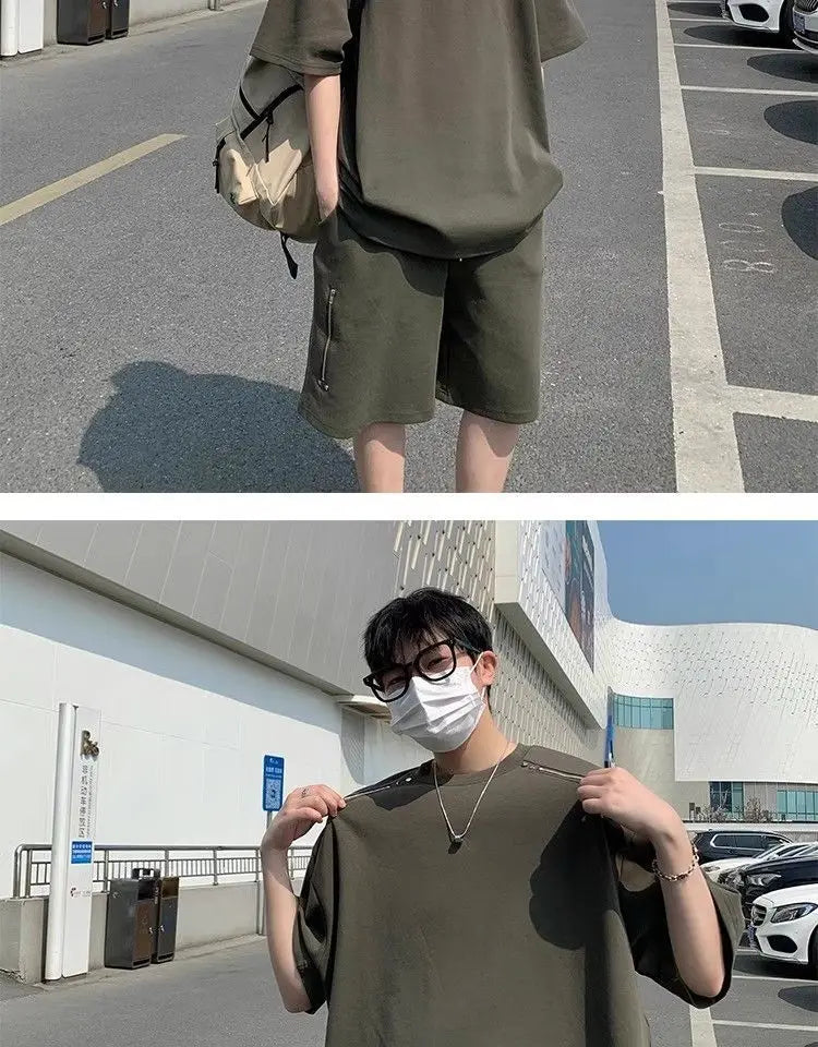 Riolio American Heavy Double Zipper Sports Suit Men's Summer Trendy Design Handsome Short-sleeved Shorts Casual Two-piece Set Urban