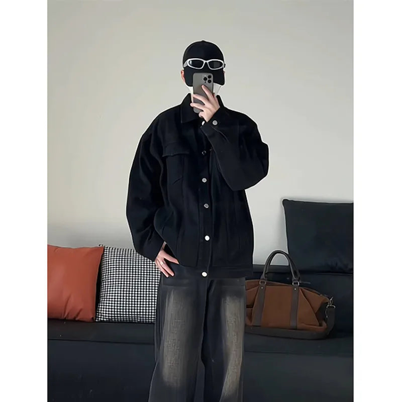 Riolio Spring Black Denim Jacket Men Fashion Retro Pocket Denim Jackets Men Streetwear Hip-hop Loose Bomber Jacket Mens Cowboy Coat