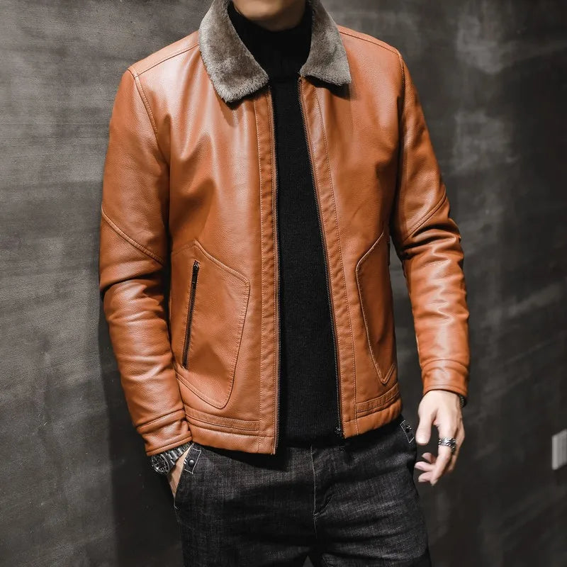 Riolio Casual Punk Rock Thick Leather Coats Slim Windproof Blazer Stand Collar Outwear Men's Pu Leather Jacket Zipper Motorcycle Jacket