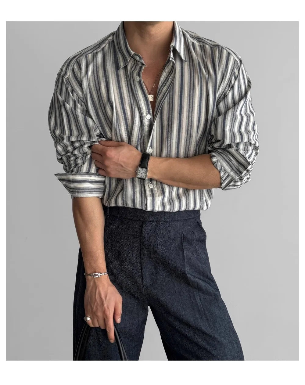 Riolio New Naples Business Men Shirts Light Luxury Textured Lapel Striped Long Sleeve Cardigan Leisure Premium Commuter Blouse M-2XL