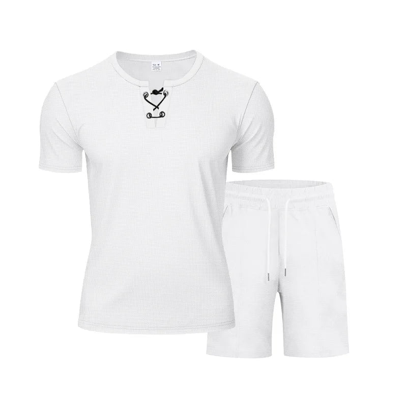 Riolio 2025 Summer Simplicity Men's Suit Loose Walf Checks Fabric Breathable Comfort and Casual Short Sleeve Shorts Two-Piece Suit