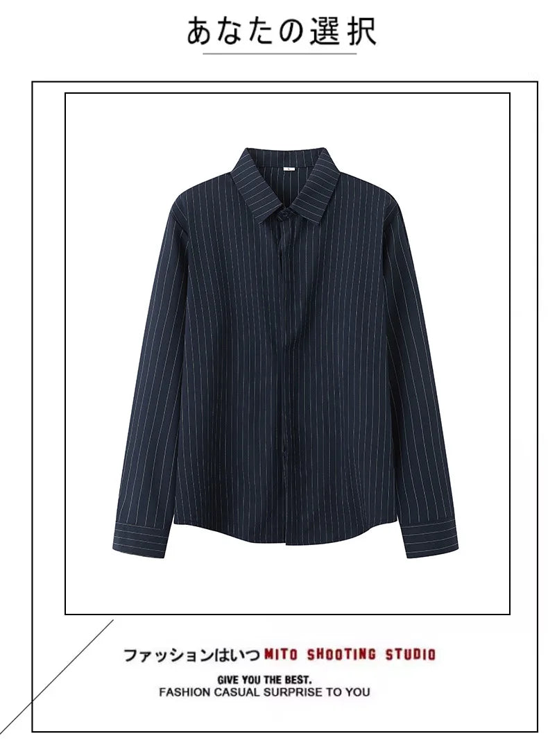 Riolio  New Naples Business Men Shirts Light Luxury Textured Lapel Striped Long Sleeve Cardigan Leisure Premium Commuter Blouse S-4XL