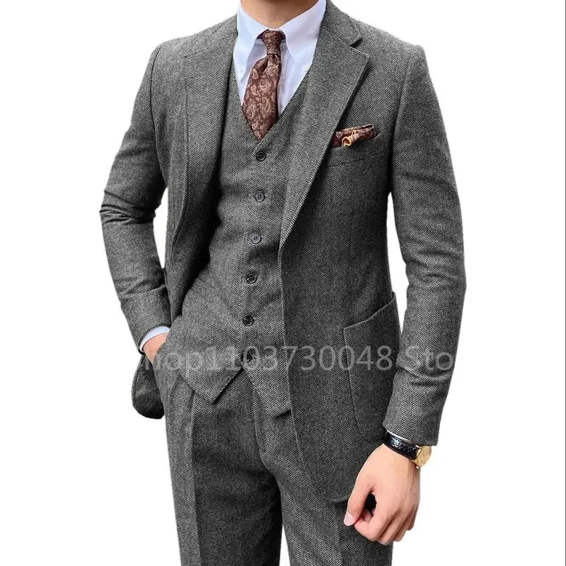 Riolio 3 Piece Grey/Brown Mens Tweed Herringbone Wedding Suit Prom Tuxedos  Peak Lapel Tweed for Business Slim Fit (Blazer+Vest+Pants)
