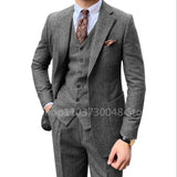 Riolio 3 Piece Grey/Brown Mens Tweed Herringbone Wedding Suit Prom Tuxedos  Peak Lapel Tweed for Business Slim Fit (Blazer+Vest+Pants)