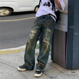 Riolio Y2K Summer American Men and Women High Street Retro Destruction Straight leg Jeans Couple Hip Hop Washed Loose Casual Pants