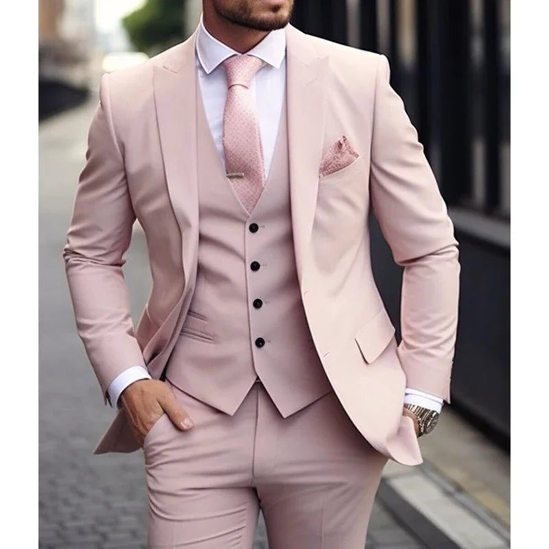 Riolio Pink Luxury Men's Suits Terno Formal Outfits 3 Piece Jacket Pants With Vest Slim Fit Luxury Costume Homme Formal Occasion Terno