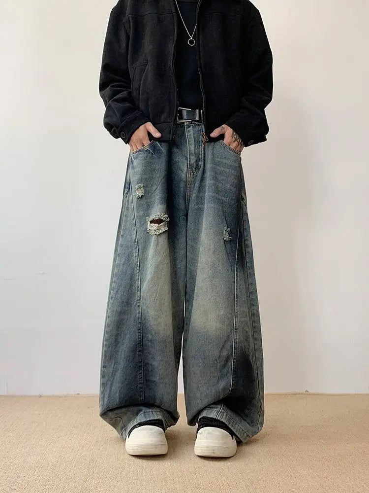 Riolio Hip hop American style men and women trendy personalized patchwork washed wide leg jeans for couples loose and lazy casual pants