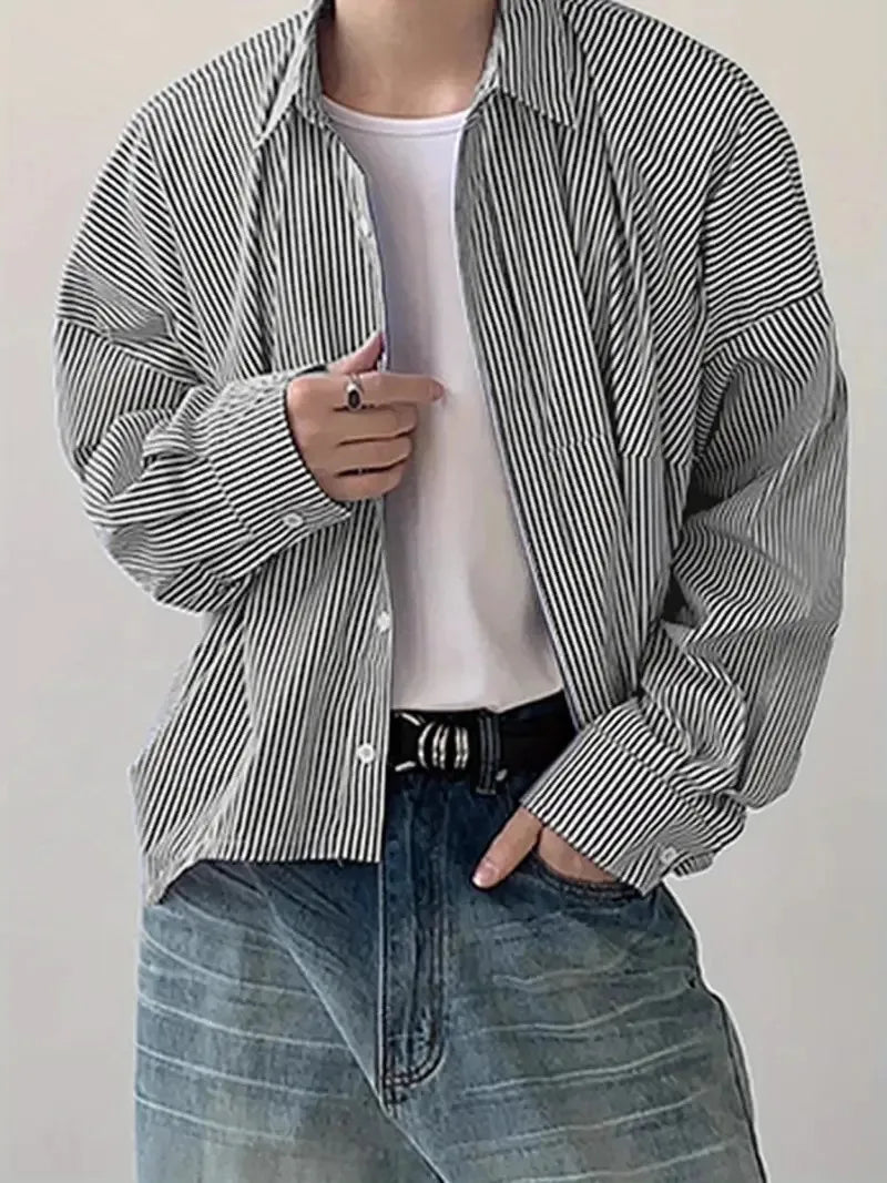 Riolio  New Japanese Trendy Men Shirts Light Luxury Textured Lapel Striped Long Sleeve Cardigan Tops Leisure Premium Loose Blouse M-2XL
