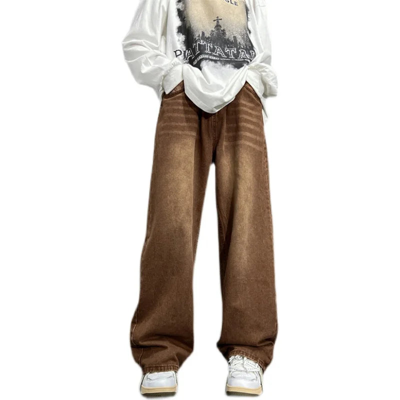 Riolio Brown Baggy Jeans Men Fashion Casual Vintage Jeans Men Streetwear Hip-hop Loose Straight Jeans Mens Retro Denim Trousers M-3XL