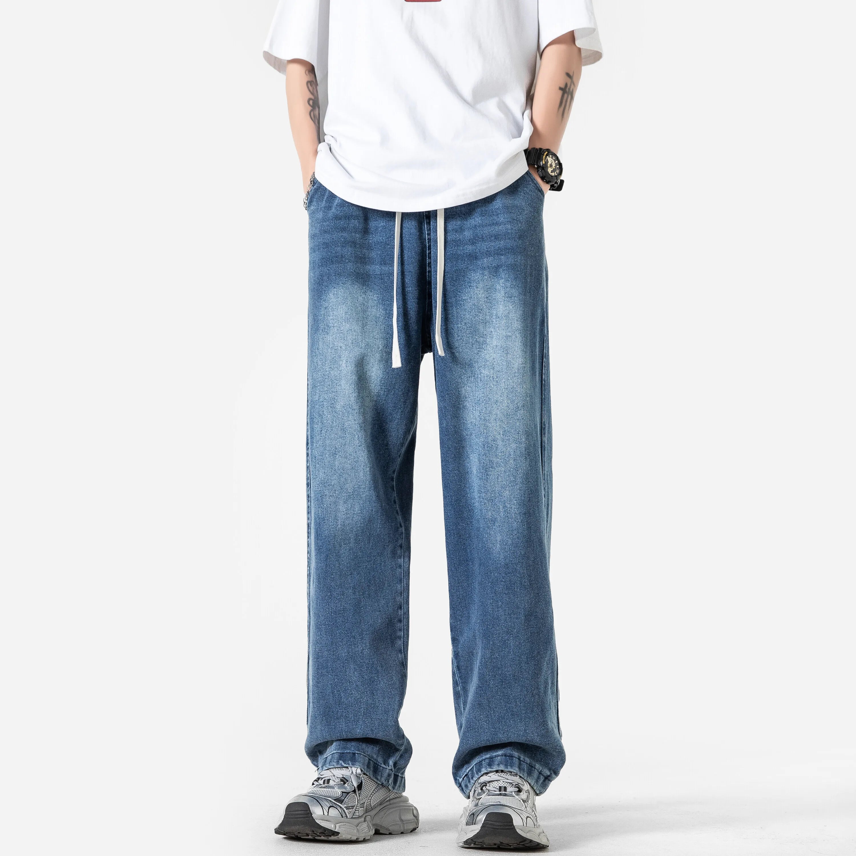 Riolio Summer Baggy Jeans Men Fashion Casual Straight Jeans Men Streetwear Hip-hop Loose Drawstring Vintage Jeans Mens Denim Trousers