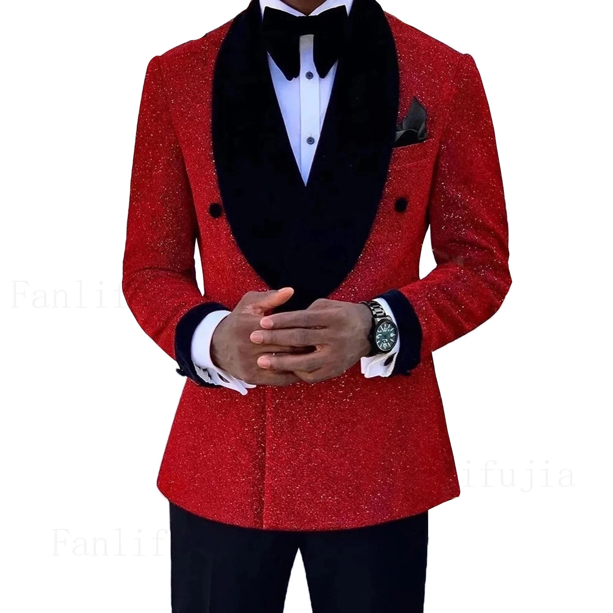 Riolio Luxury Red Glitter Suits Men Groom Wedding Tuxedo Double Breasted Blazer Formal Evening Party Prom Dress 2 Pieces Set