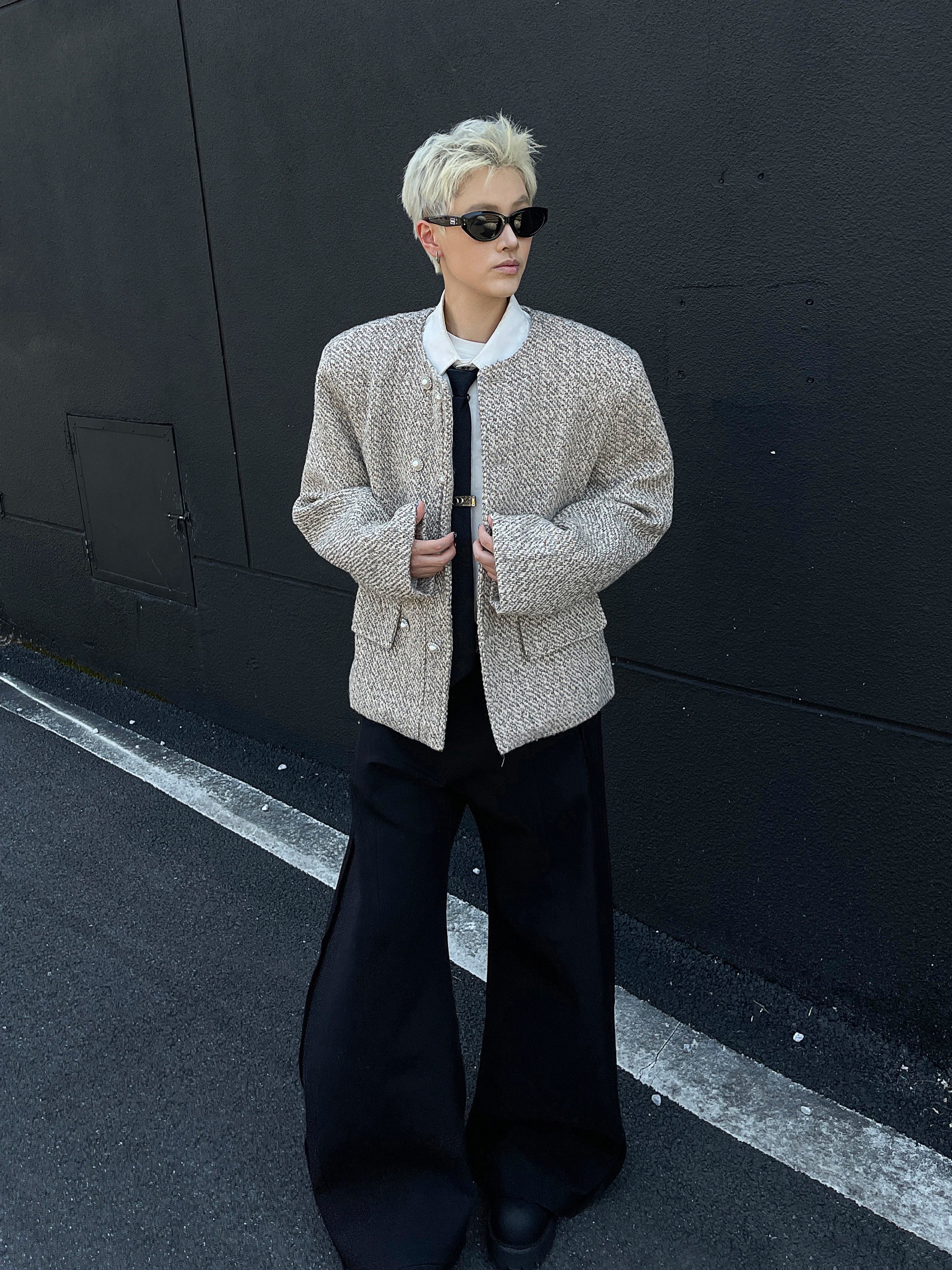 Riolio Male Elegant O-neck Blazer Coat High-end Shoulder Pad Collarless Jacket American Autumn Button Short Suit Jacket Handsome Top