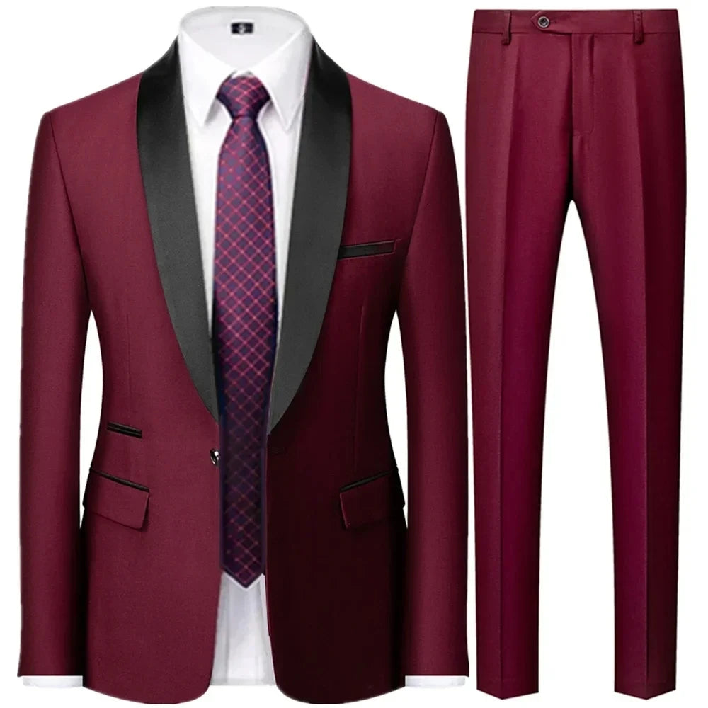 Riolio 3 Pieces Set Men's Business Blazers Coat / Male Slim Fit Color Matching Collar Suit Tuxedo Leisure Jacket Pants Vest Wedding