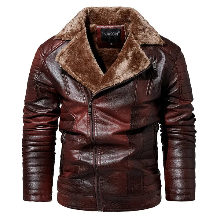 Riolio Male Outerwear Bomber Leather Jacket High-end Men's Fleece Warm Motorcycle Suit Collar Jackets Moto Biker PU Baseball Jackets