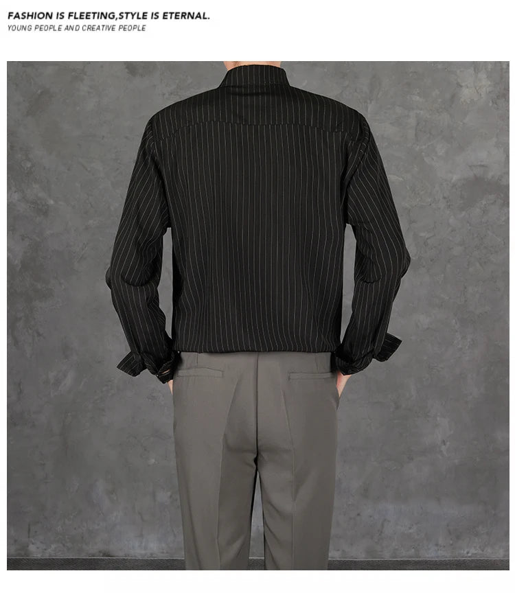 Riolio  New Naples Business Men Shirts Light Luxury Textured Lapel Striped Long Sleeve Cardigan Leisure Premium Commuter Blouse S-4XL