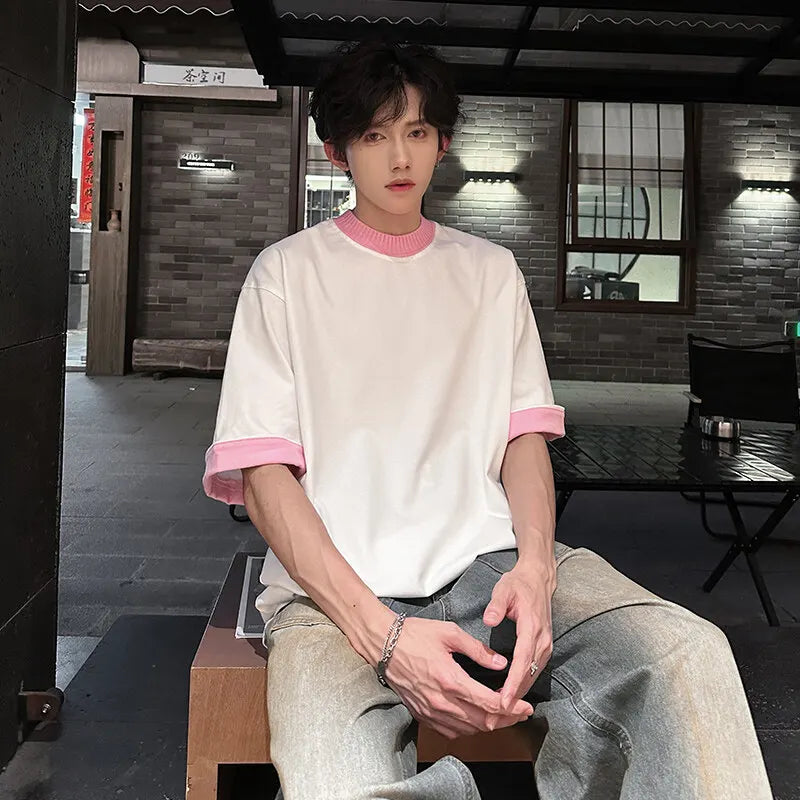 Riolio Men Loose Fit Round Neck Contrast Collar Tshirt Trendy Streetwear Casual Comfort Top Unique Style Summer Fashion Daily Wear