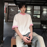 Riolio Men Loose Fit Round Neck Contrast Collar Tshirt Trendy Streetwear Casual Comfort Top Unique Style Summer Fashion Daily Wear