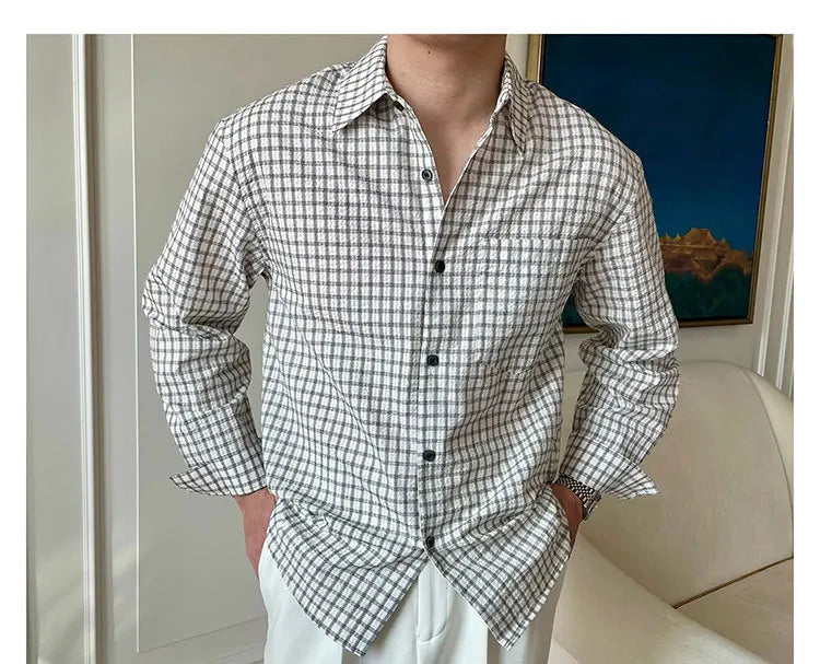 Riolio  New American Retro Men Shirts Light Luxury Textured Lapel Plaid Long Sleeve Cardigan Leisure Trendy Premium Check Blouse M-2XL