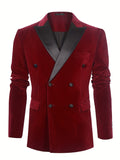 Riolio Men'S Elegant Red Velvet Blazer, Casual Style Double-Breasted Suit Jacket, Polyester 100%, Skinny Fit, Solid Color, All-Season, with Lapel Collar and Button Details