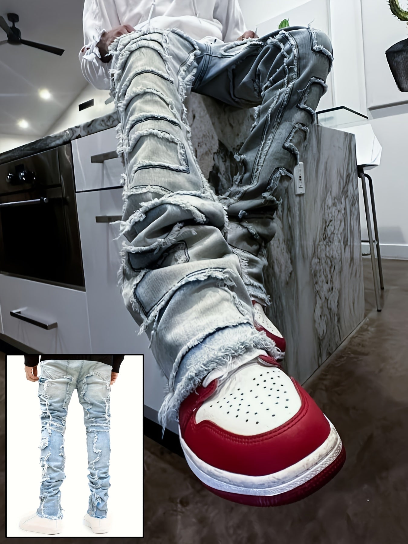 Riolio Men's Y2K Stacked Straight Leg Jeans - Distressed Ripped Details, Loose Fit Hip Hop Streetwear Denim Pants, Solid Color All-Season Casual Outfits, Streetstyle Clothing, Layered Denim Look, Durable Denim Fabric