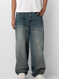 Riolio Men's Vintage Distressed Loose Wide Leg Denim Jeans with Pockets - Casual Streetwear Trousers, Dark Blue Denim, Comfortable Fit for Casual Attire