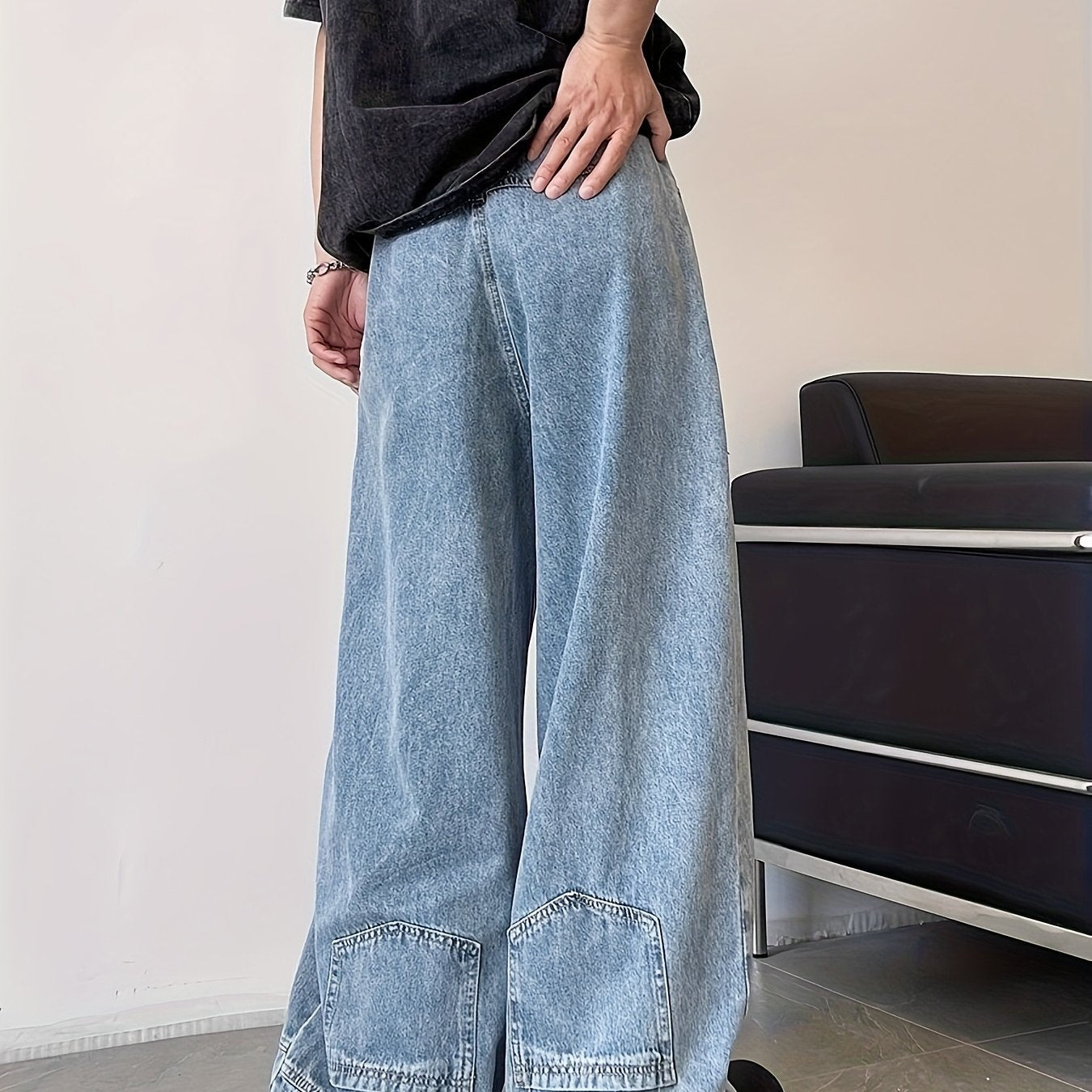 Riolio Reverse Pocket Design High Street Jeans, Men'S And Women'S Versatile Washed Wide Leg Retro Pants Suitable For All Seasons Casual