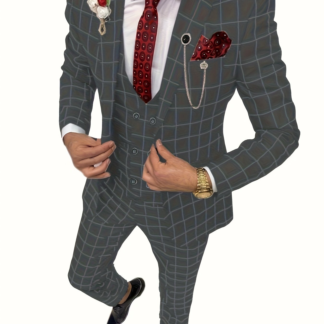 Riolio Mens Suit Plaid Tuxedos Business Suits Slim Fit Double Breasted