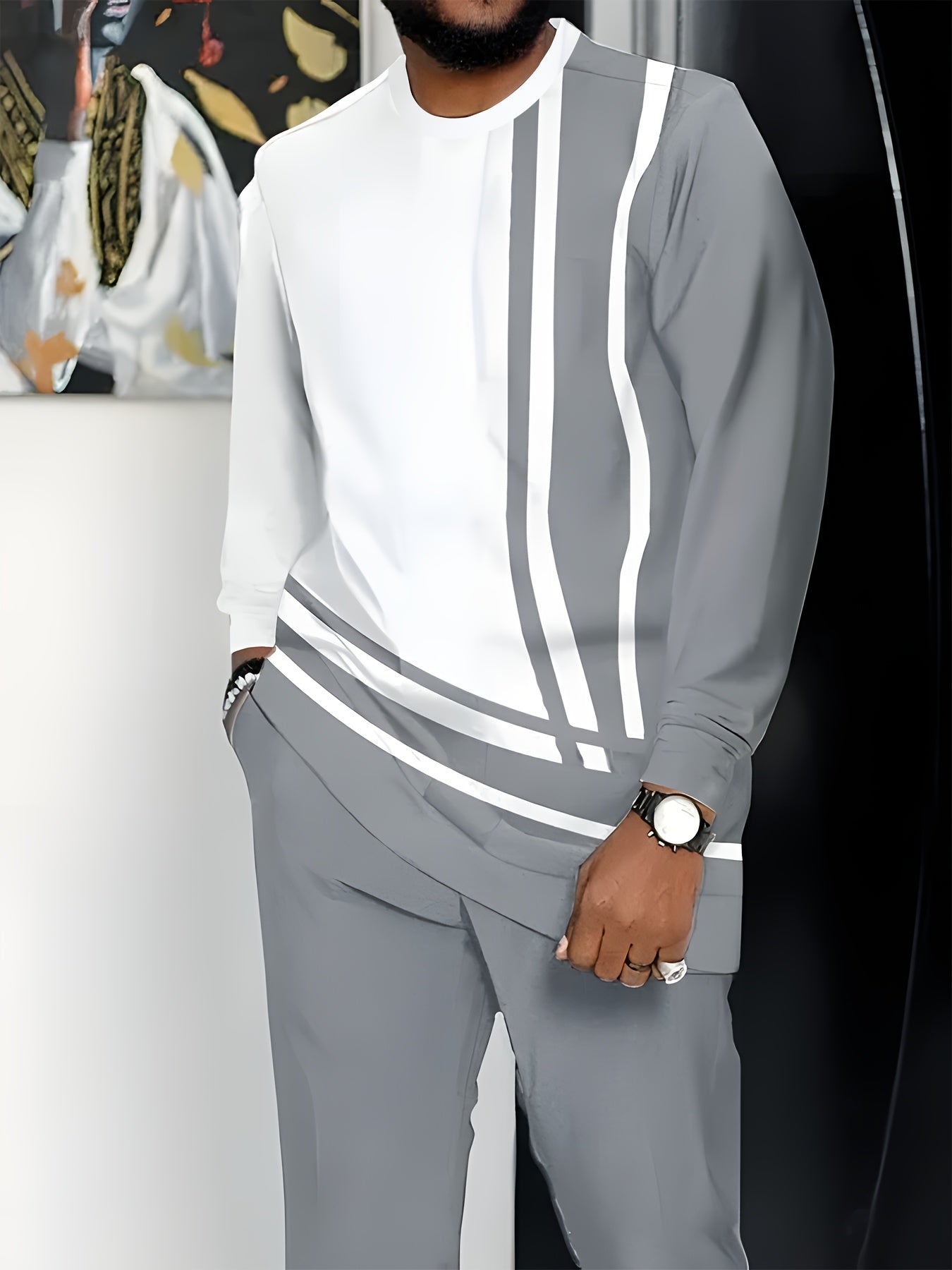 Riolio Men's Fashion Long-sleeved Trouser Suit, Classic Simple White and Gray Two-color Stitching Print Graphic Print Design, Men's Breathable Skin-friendly Long-sleeved Trouser Suit