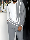 Riolio Men's Fashion Long-sleeved Trouser Suit, Classic Simple White and Gray Two-color Stitching Print Graphic Print Design, Men's Breathable Skin-friendly Long-sleeved Trouser Suit