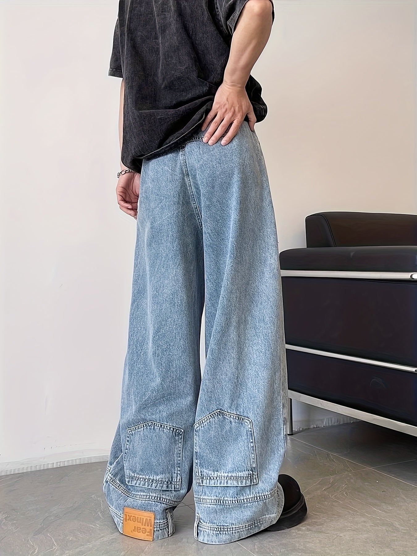 Riolio Reverse Pocket Design High Street Jeans, Men'S And Women'S Versatile Washed Wide Leg Retro Pants Suitable For All Seasons Casual