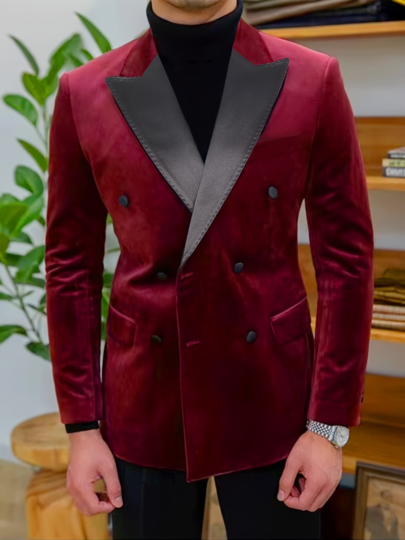 Riolio Men'S Elegant Red Velvet Blazer, Casual Style Double-Breasted Suit Jacket, Polyester 100%, Skinny Fit, Solid Color, All-Season, with Lapel Collar and Button Details