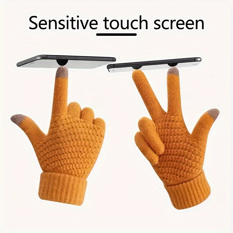 Riolio 1pair Winter Touch Screen Gloves Men's Full Finger Imitation Fur Warm Stretch Knitted Gloves Thick Crochet Gloves, Ideal Choice For Gifts, Suitable For Thin People
