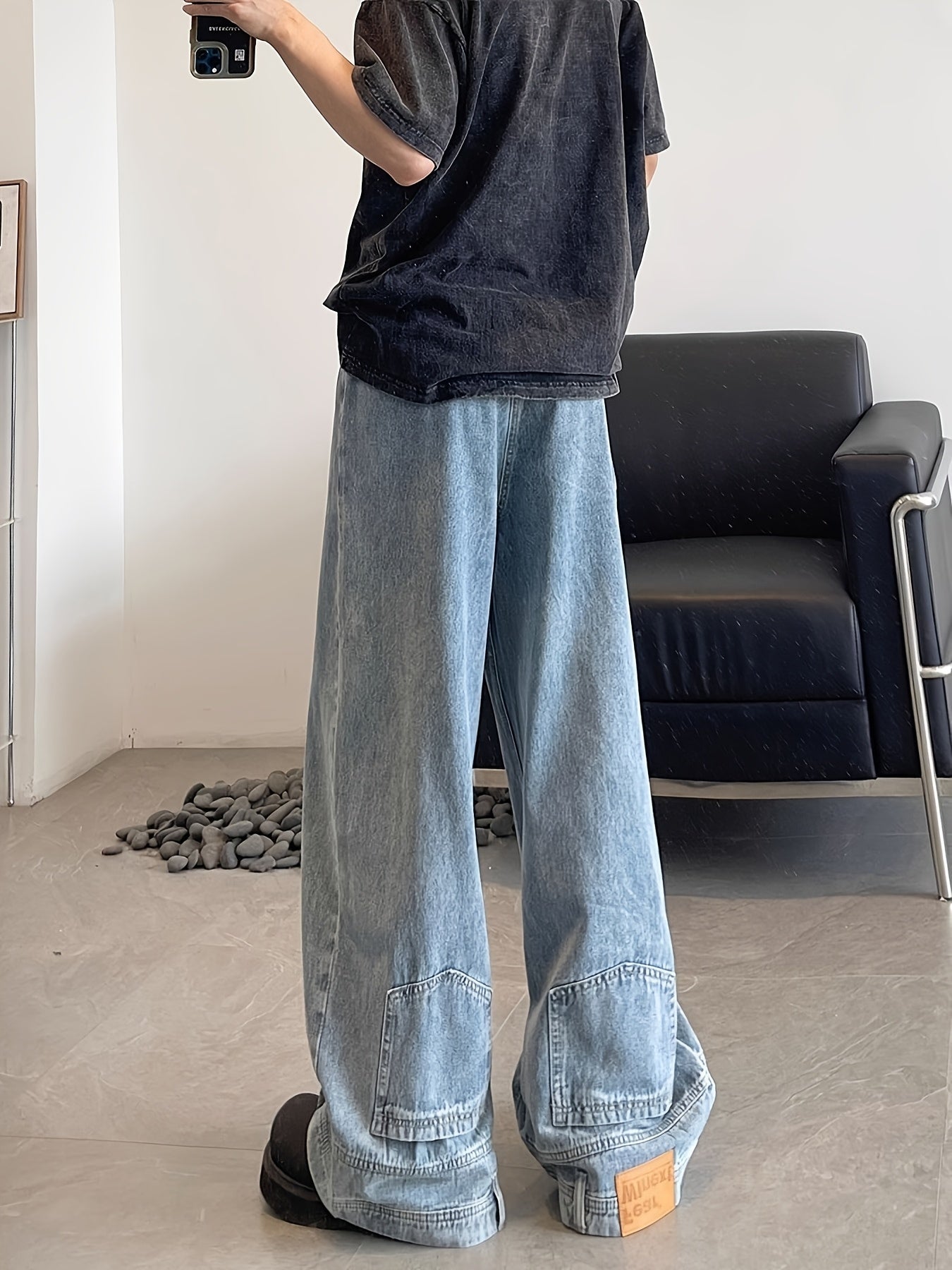 Riolio Reverse Pocket Design High Street Jeans, Men'S And Women'S Versatile Washed Wide Leg Retro Pants Suitable For All Seasons Casual