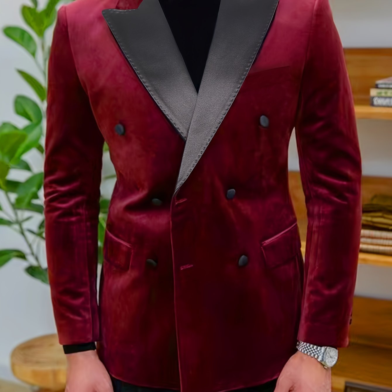 Riolio Men'S Elegant Red Velvet Blazer, Casual Style Double-Breasted Suit Jacket, Polyester 100%, Skinny Fit, Solid Color, All-Season, with Lapel Collar and Button Details