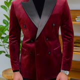 Riolio Men'S Elegant Red Velvet Blazer, Casual Style Double-Breasted Suit Jacket, Polyester 100%, Skinny Fit, Solid Color, All-Season, with Lapel Collar and Button Details