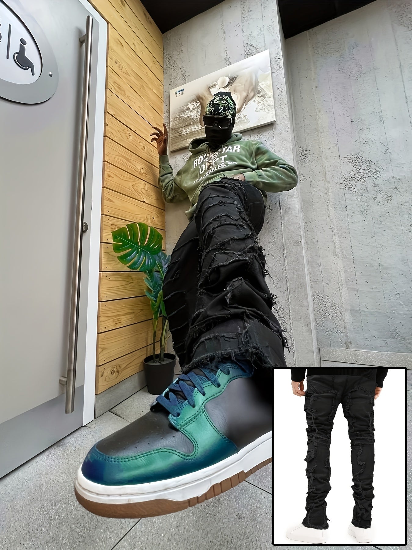 Riolio Men's Y2K Stacked Straight Leg Jeans - Distressed Ripped Details, Loose Fit Hip Hop Streetwear Denim Pants, Solid Color All-Season Casual Outfits, Streetstyle Clothing, Layered Denim Look, Durable Denim Fabric