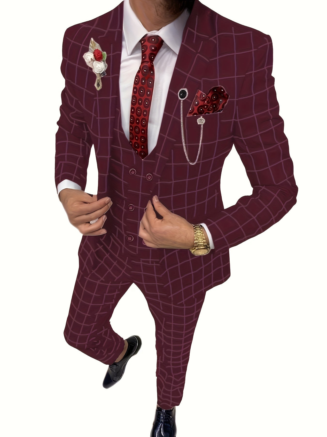 Riolio Mens Suit Plaid Tuxedos Business Suits Slim Fit Double Breasted