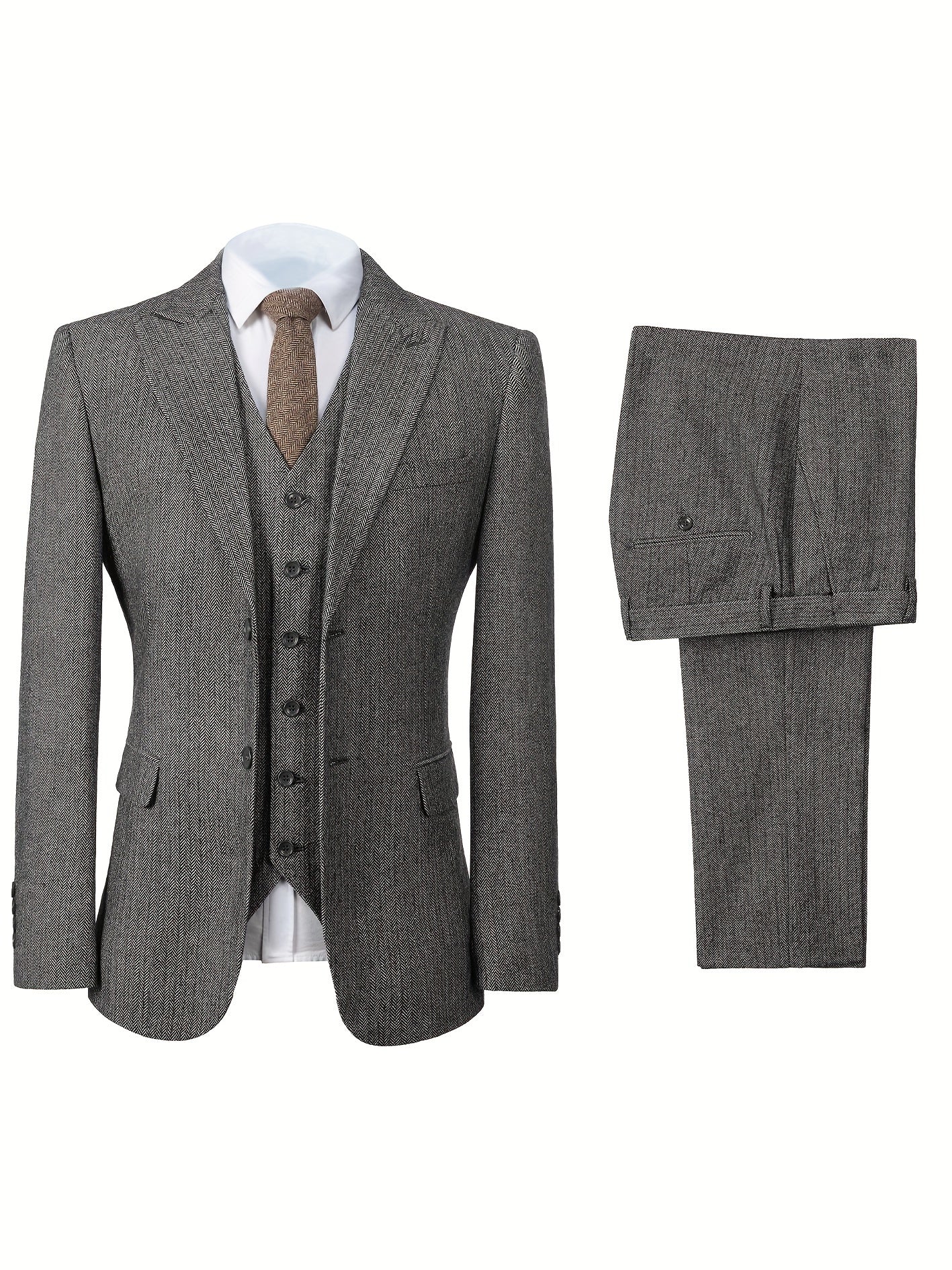 Riolio Mens Tweed Wool Herringbone Wedding Suit Prom Tuxedos 3pcs Peak Lapel Dress