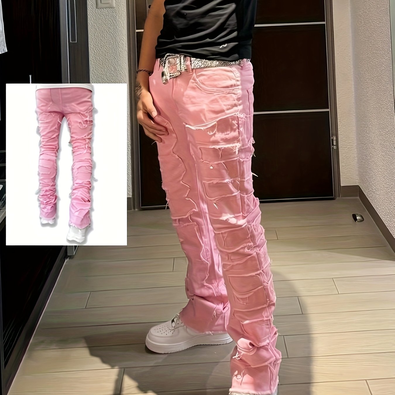 Riolio Men's Y2K Stacked Straight Leg Jeans - Distressed Ripped Details, Loose Fit Hip Hop Streetwear Denim Pants, Solid Color All-Season Casual Outfits, Streetstyle Clothing, Layered Denim Look, Durable Denim Fabric