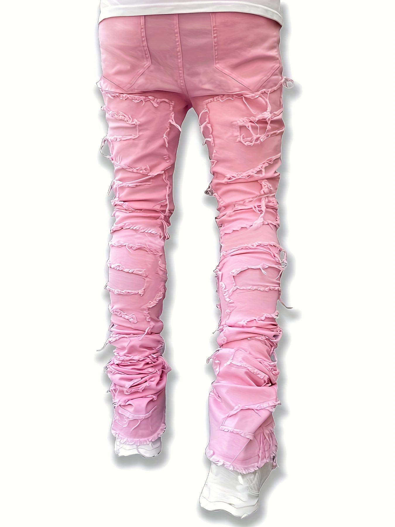 Riolio Men's Y2K Stacked Straight Leg Jeans - Distressed Ripped Details, Loose Fit Hip Hop Streetwear Denim Pants, Solid Color All-Season Casual Outfits, Streetstyle Clothing, Layered Denim Look, Durable Denim Fabric