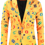 Riolio Allover Print One Button Blazer, Men's Casual Music Note Pattern Flap Pocket Lapel Sports Coat For Spring Fall Business