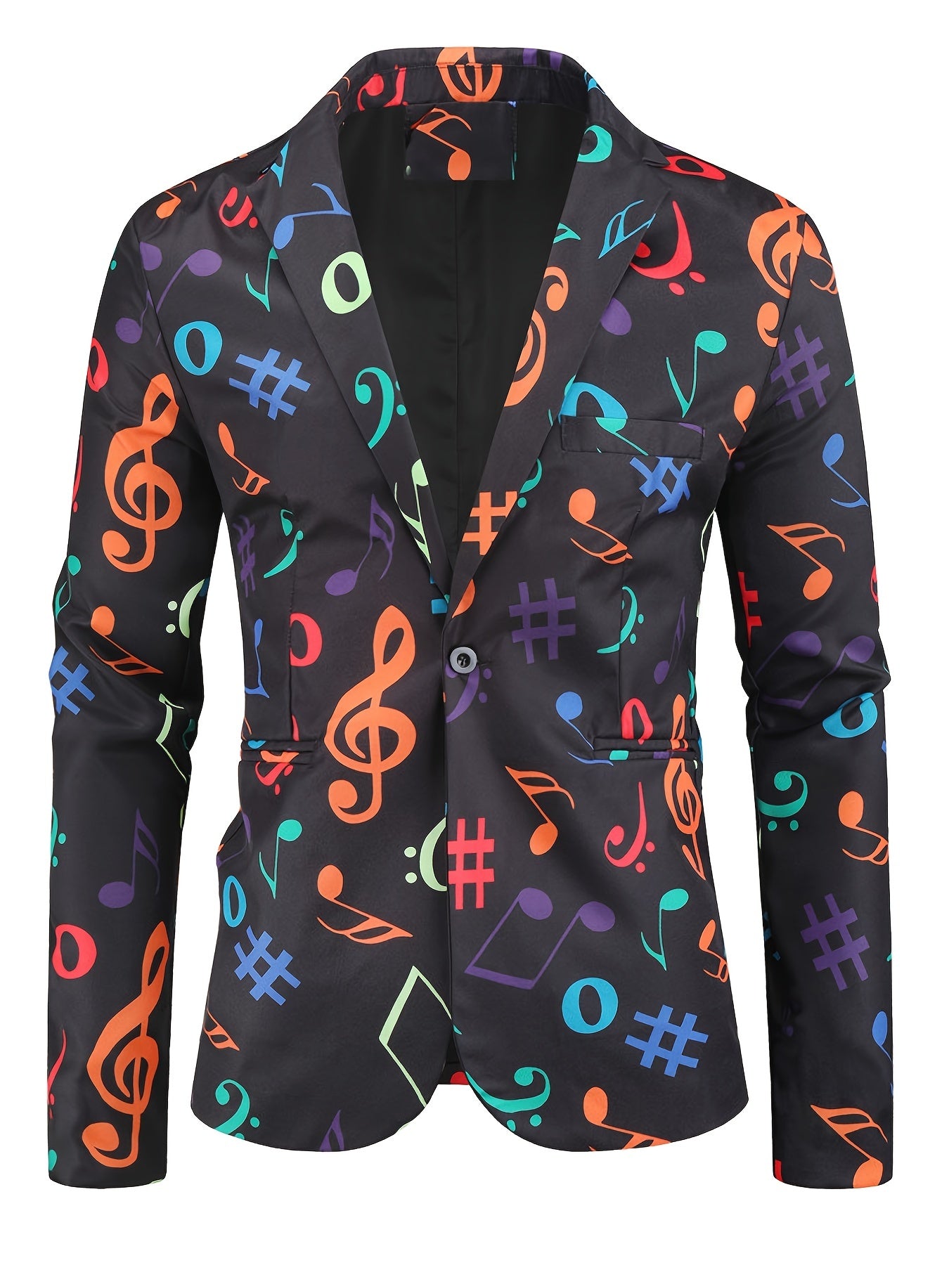 Riolio Allover Print One Button Blazer, Men's Casual Music Note Pattern Flap Pocket Lapel Sports Coat For Spring Fall Business